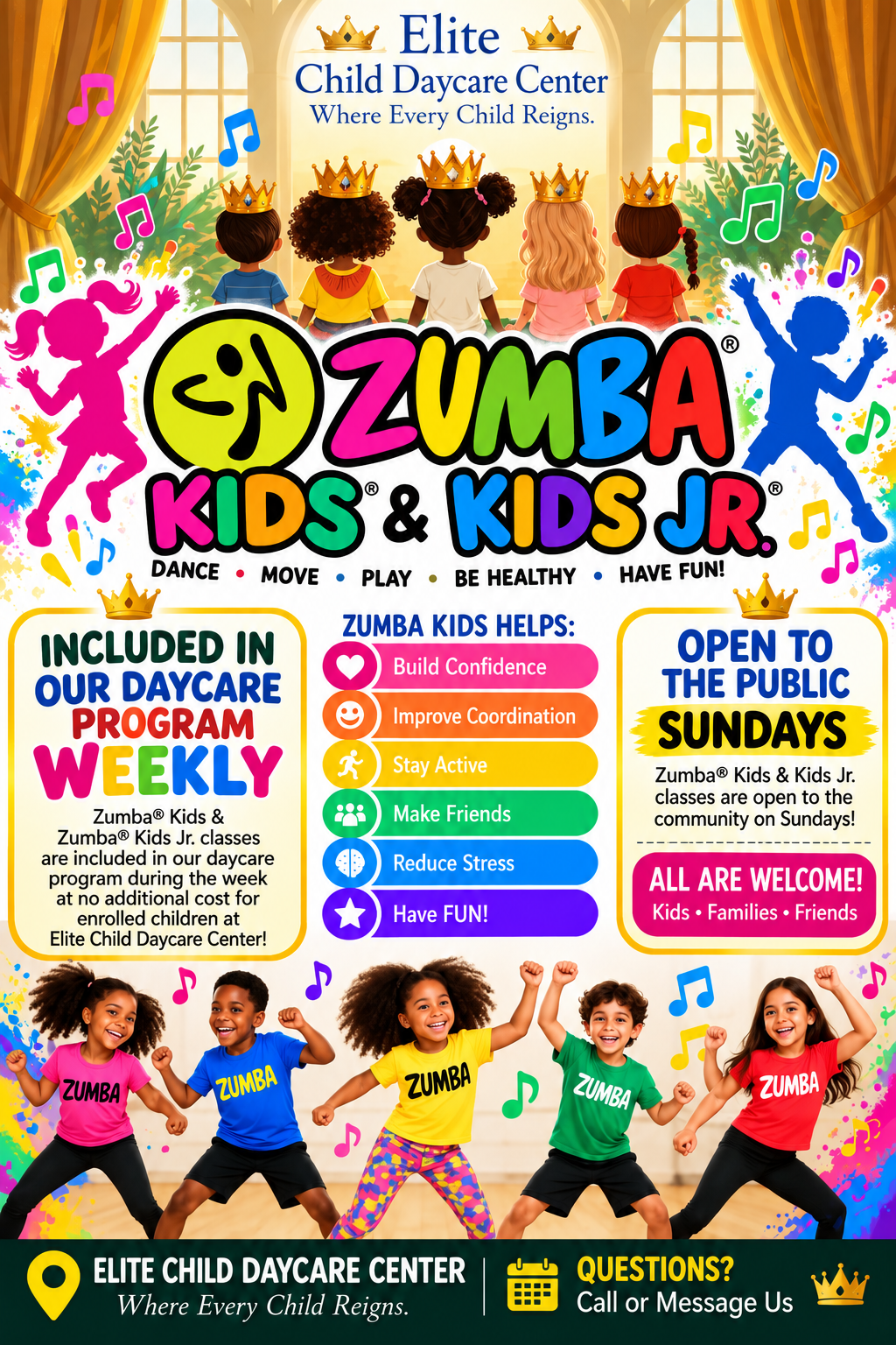 Elite Child Daycare Center Zumba Kids and Kids Jr. program flyer